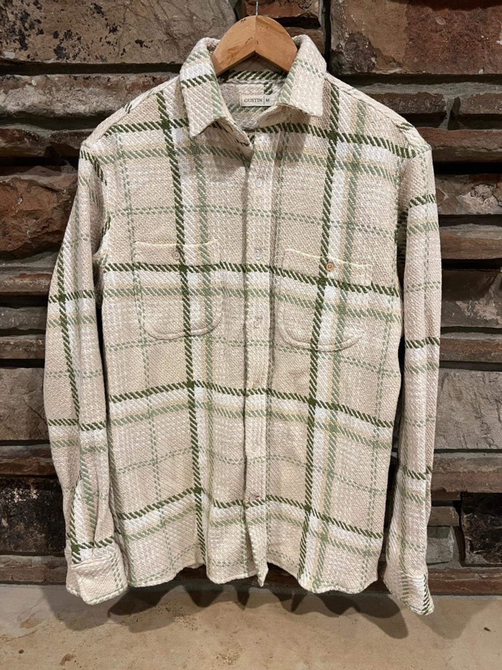 Gustin 1263 Monster Rope Shirt Cream & Olive Plaid Button-Down 100% Cotton
